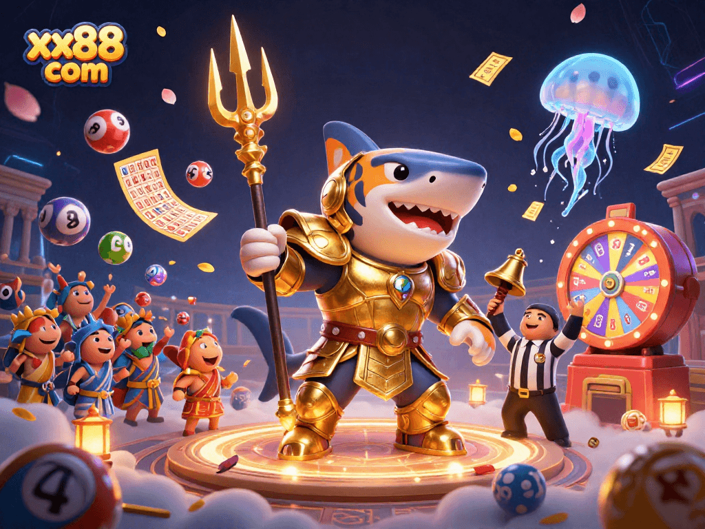 Experience excitement at xx88 com with a tiger shark in armor amidst a vibrant casino scene.