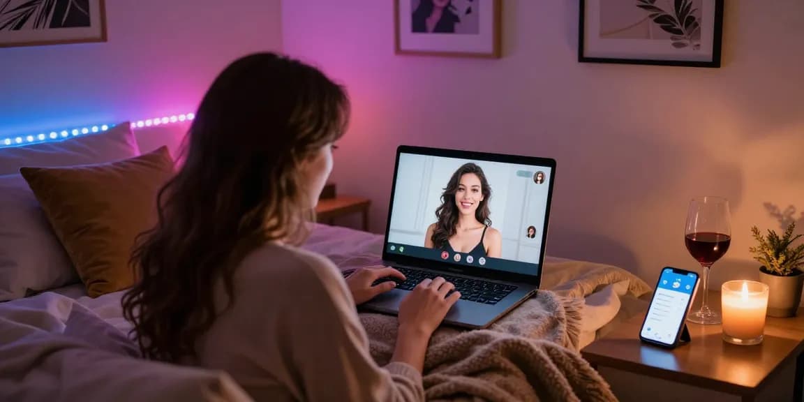 Engaging in a sex chat ai session in a cozy bedroom with soft lighting and personal touches.