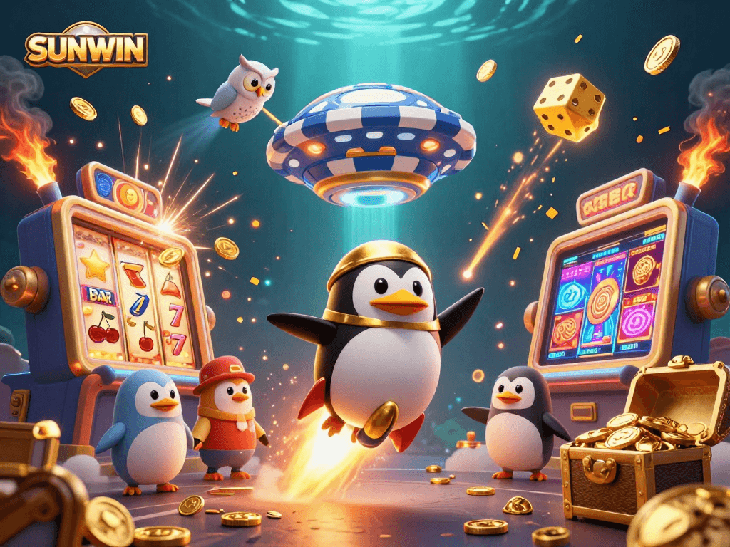 Experience thrilling action at SUNWIN with a dynamic 3D casino adventure illustration featuring a golden penguin.
