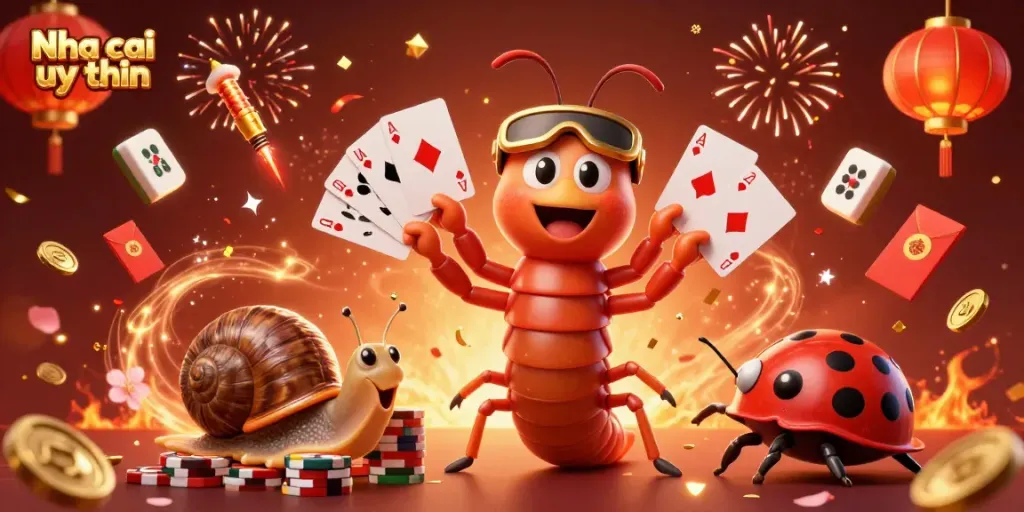 Experience thrilling gaming at Nha cai uy tin with diverse cards and festive elements in a colorful casino scene.