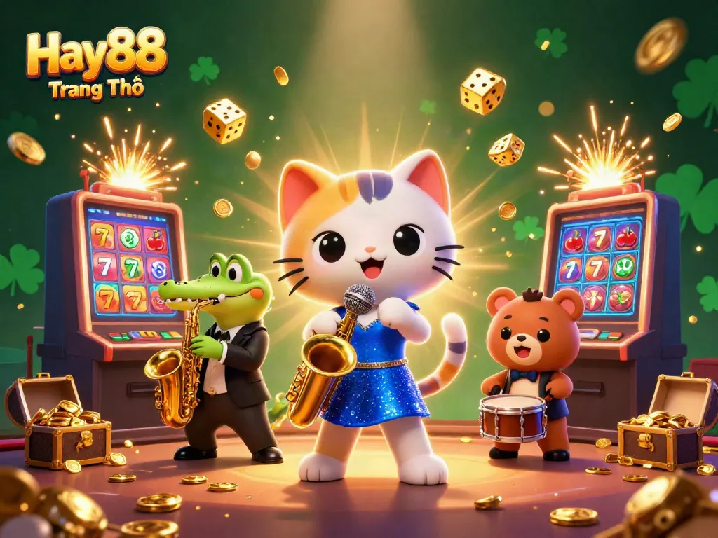 Engage with excitement at Hay88 Trang Chủ with a vibrant casino scene featuring a jazz-singer cat and dynamic characters.
