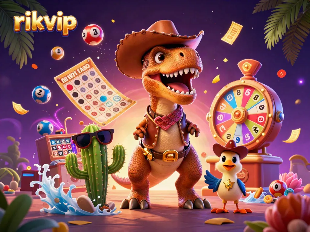 Engaging characters enjoy a vibrant rikvip gaming scene filled with lottery elements.