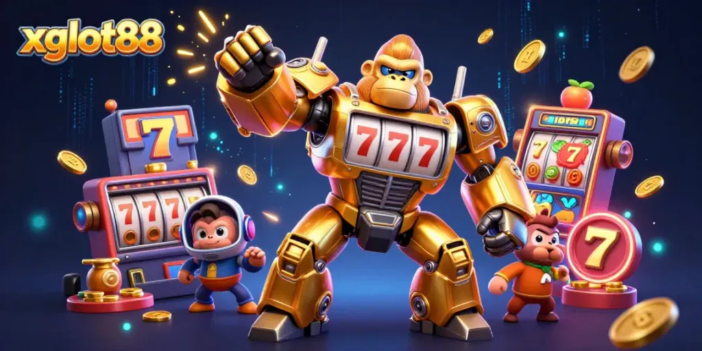 Profil xgslot88 dengan gorila emas transformer yang beraksi dalam permainan slot.