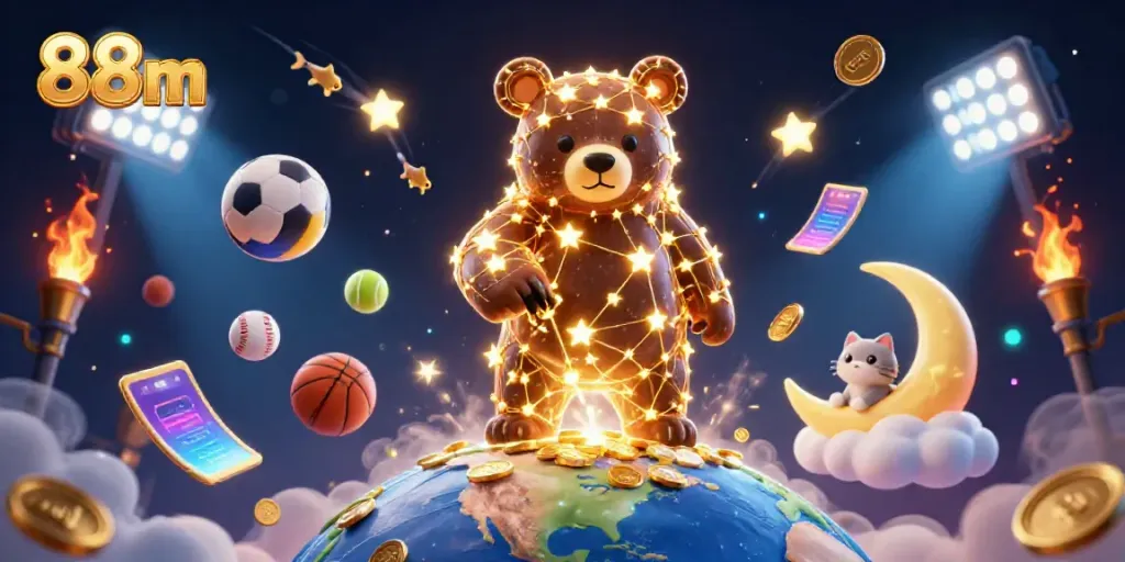 Experience the thrill of 88m casino gaming with dynamic stars, gold coins, and vibrant sports elements.