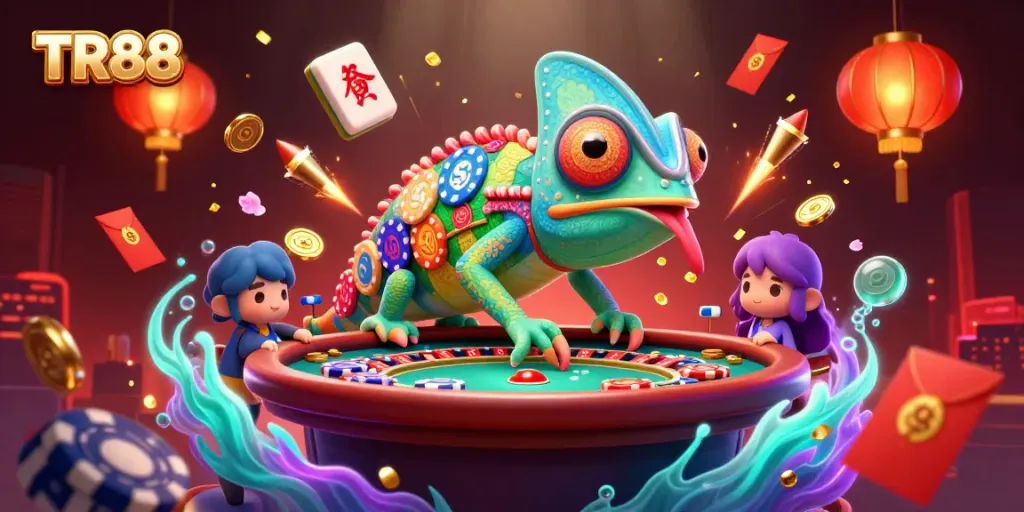 Engage with TR88's thrilling casino experience as a colorful chameleon snaps up golden coins among vibrant gaming elements.
