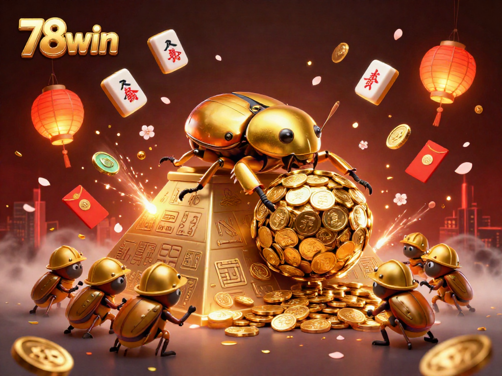 Experience vibrant fun at 78win as golden beetles roll coins amidst dynamic casino symbols.