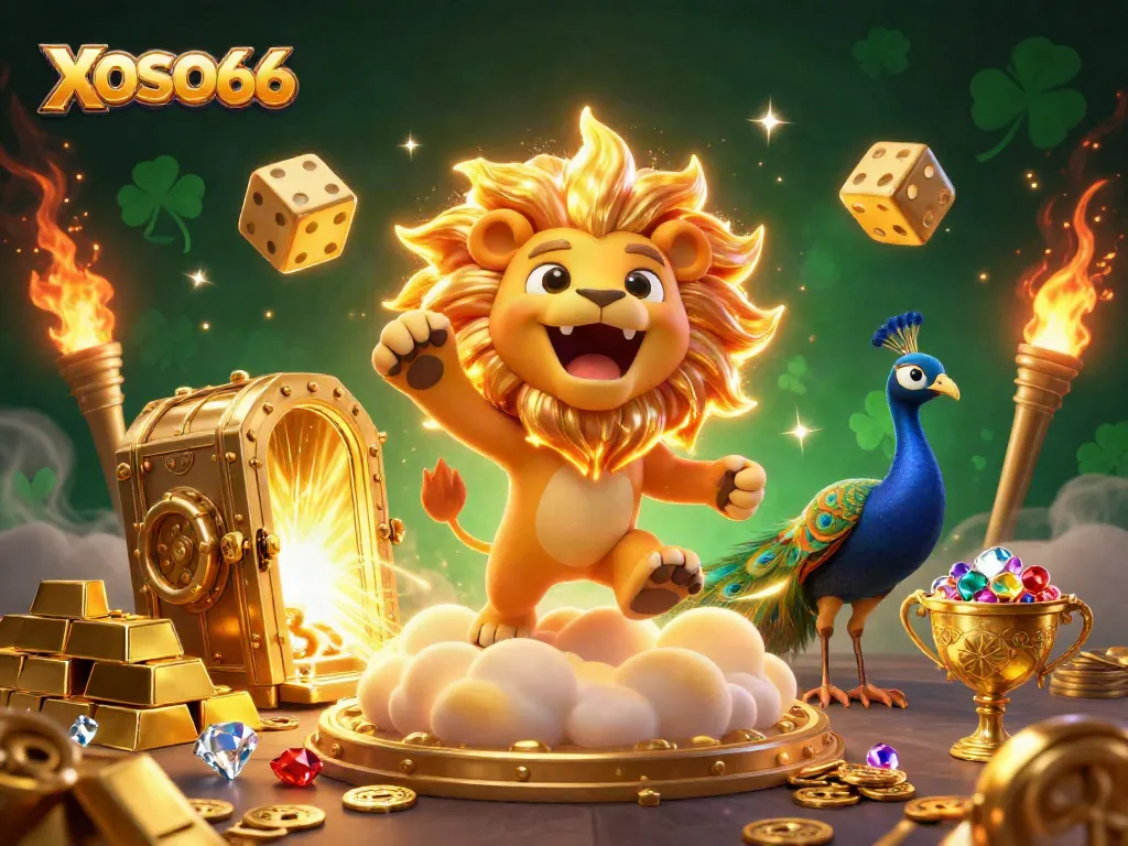 XOSO66 brings excitement with a roaring sun lion, golden treasures, and dynamic game elements.
