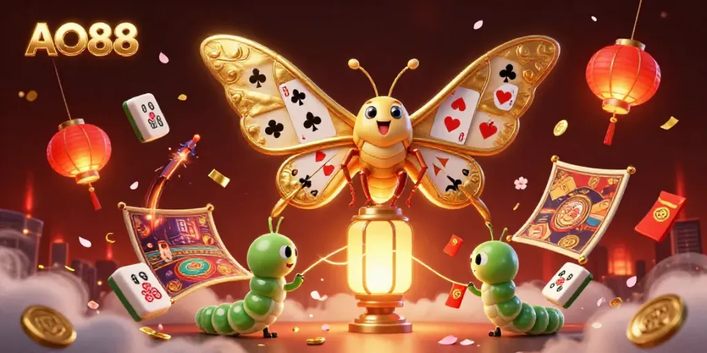 Engage with AO88's vibrant casino fantasy depicted by a golden atlas moth and gambling elements.