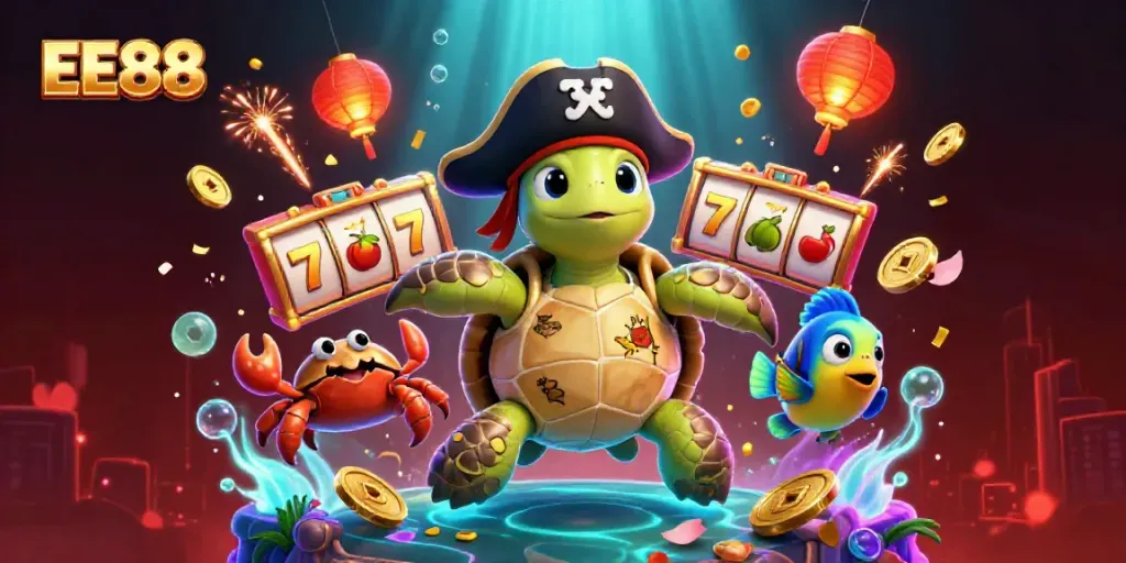 Engage with EE88's vibrant online casino world featuring animated characters and rich game elements.
