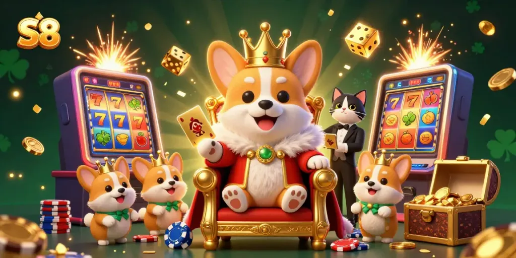 Play exciting slots at S8 with a colorful scene of winning symbols and a royal corgi