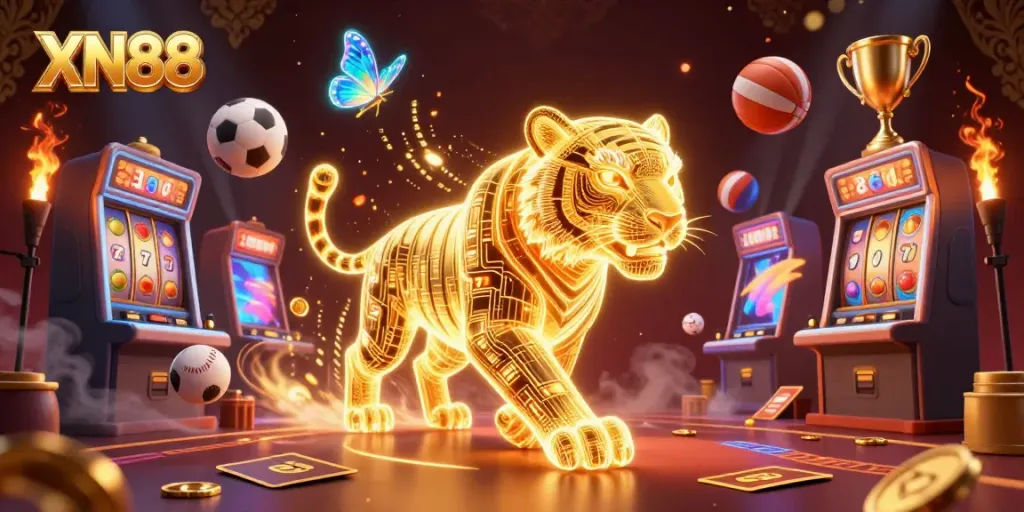 Engage with XN88 through an energetic digital casino scene featuring a neon tiger and immersive game elements.