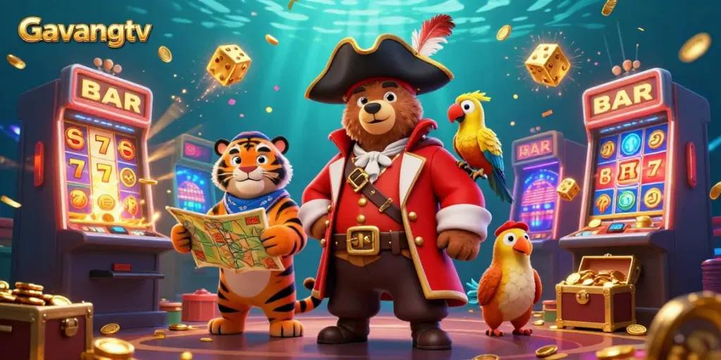 Experience captivating gaming with Gavangtv in a vibrant, dynamic casino-themed illustration.
