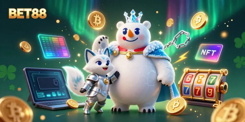 Experience the energy of BET88 with a dynamic casino scene featuring vibrant characters and elements in a stunning 3D illustration.