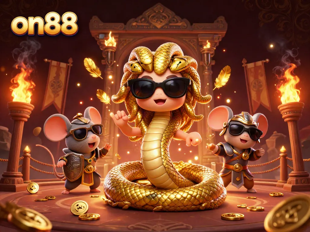 Engage in thrilling betting at on88 with friendly Medusa and heroic mouse, surrounded by vibrant casino elements.