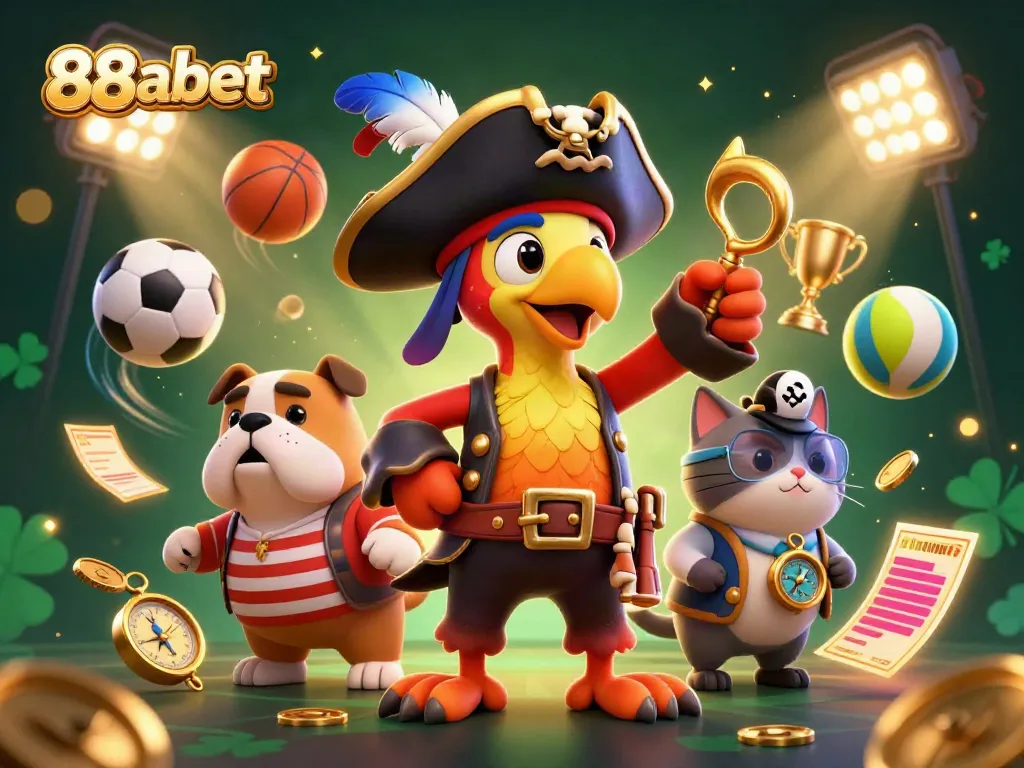 Engage with 88abet's thrilling atmosphere through a dynamic scene depicting a pirate captain and crew in a vibrant betting landscape.