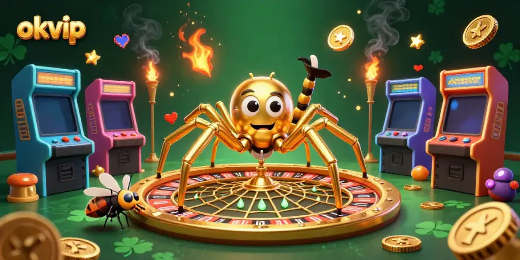 Experience the thrill of okvip gaming with vibrant visuals of a golden spider, roulette, and arcade elements.