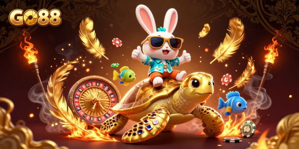 Experience thrilling GO88 casino action with a lucky rabbit and golden turtle in a vibrant 3D scene.