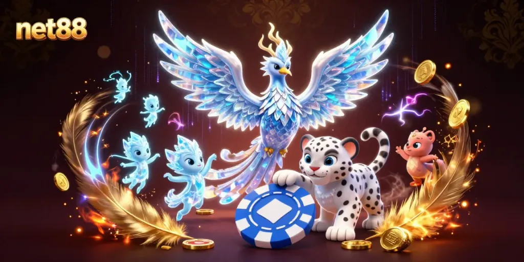 Net88 engages players with an ice phoenix, snow leopard, and colorful casino elements in a vibrant scene.
