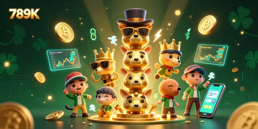 Experience thrilling gaming action with 789K in a vibrant 3D casino scene featuring dynamic crypto elements.