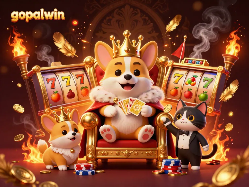 Experience the excitement of gopalwin with a royal corgi on a throne of poker chips surrounded by vibrant slot game elements.