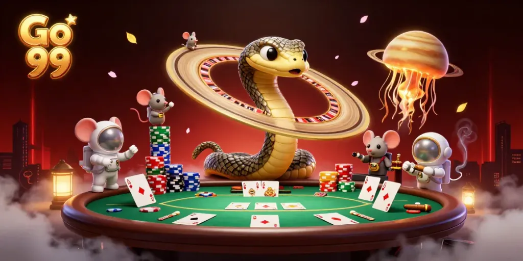 Placing bets at Go 99, where astronaut mice engage in cosmic casino fun.