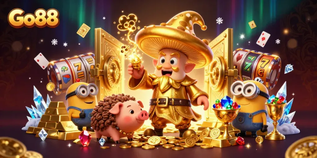 Spin to win at Go88 with golden treasures, slot reels, and shimmering gems in an enchanting scene.