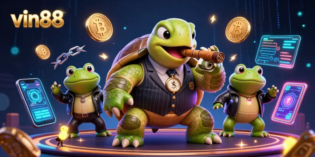 Spin and win with vin88 in this vibrant casino scene featuring cartoon characters and crypto symbols.