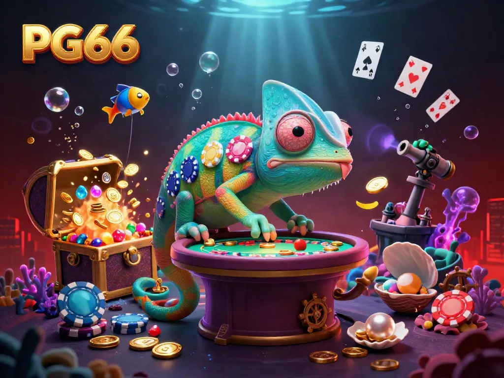 Experience vibrant gaming with PG66 featuring a colorful chameleon casino owner snapping up gold coins.