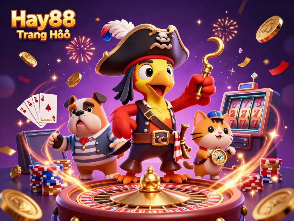 Experience the excitement of Hay88 Trang Chủ with vibrant casino elements and lively characters in this animated scene.