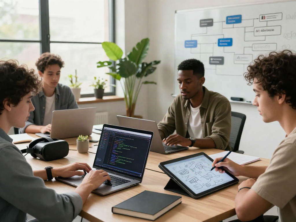 Group of developers collaborating on an AI chat nsfw project in a modern workspace.