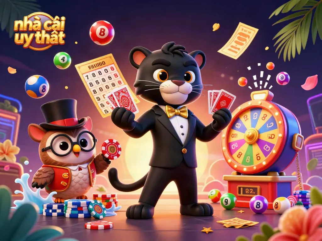 Engage with nhà cái uy tín at this vibrant digital casino scene featuring a stylish panther dealer, owl with poker chips, and lucky mouse.