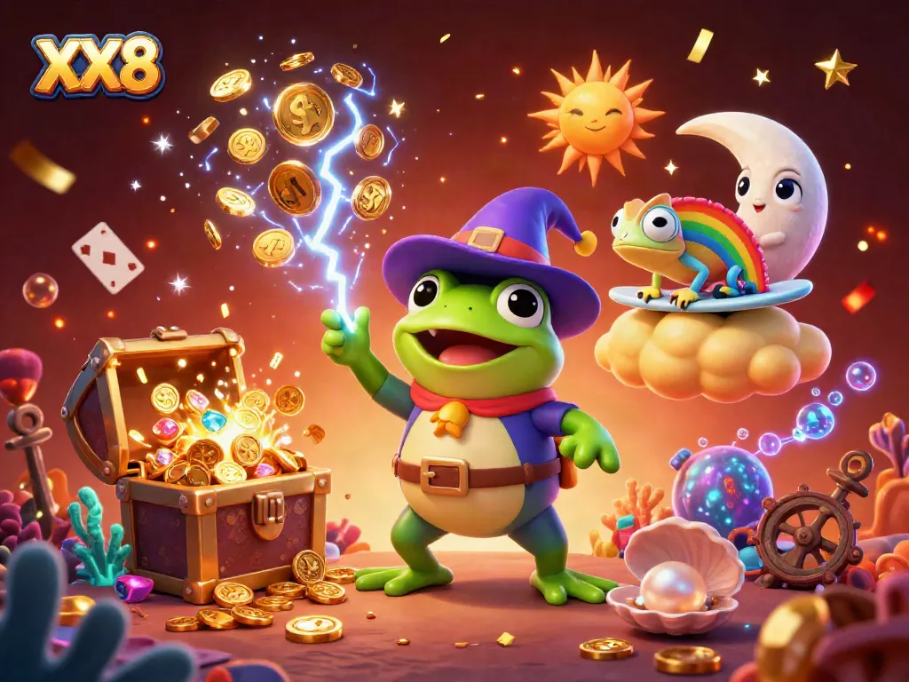 Gamblers celebrate with gold coins in a vibrant XX8-themed casino scene featuring magical creatures.