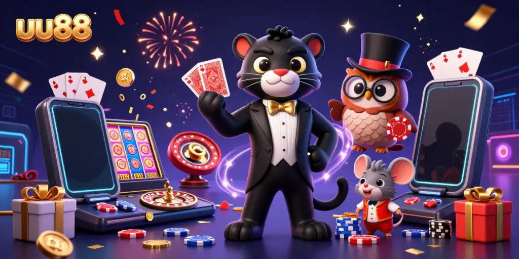 Engage with the exciting games at uu88, featuring a dynamic casino scene with a tuxedo panther, owl, and lucky mouse.