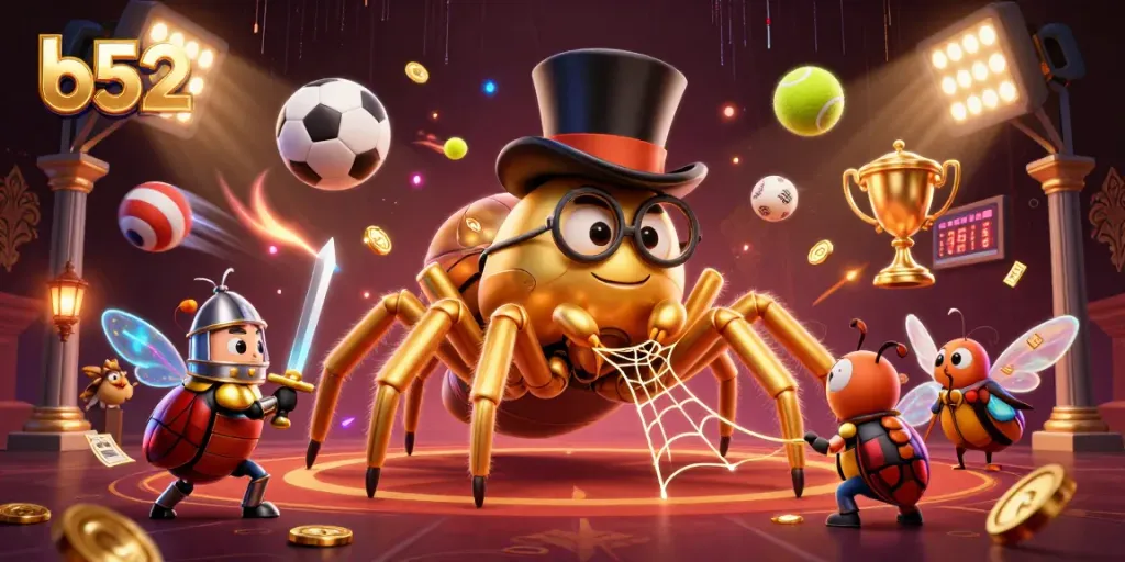 Bettors engage with colorful b52-themed casino elements, highlighted by a golden tarantula and dynamic sports graphics.