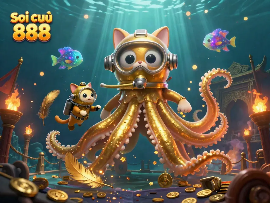 Soi cầu 888 depicts a colossal kraken and a diving cat amidst treasure, showcasing dynamic gambling elements.