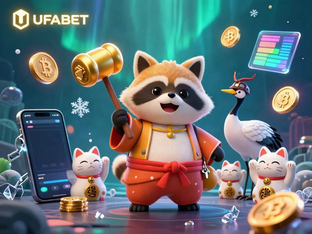 Engage with UFABET through a colorful 3D scene featuring a cheerful tanuki and crypto elements.