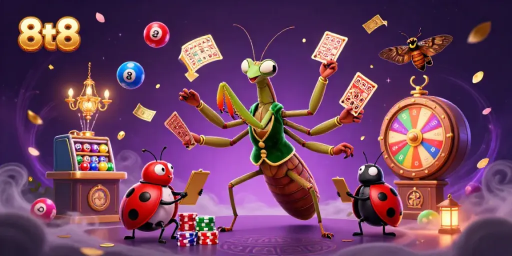 Interacting mantis card sharp and ladybug pit boss amidst vibrant gambling elements at 8tt8.