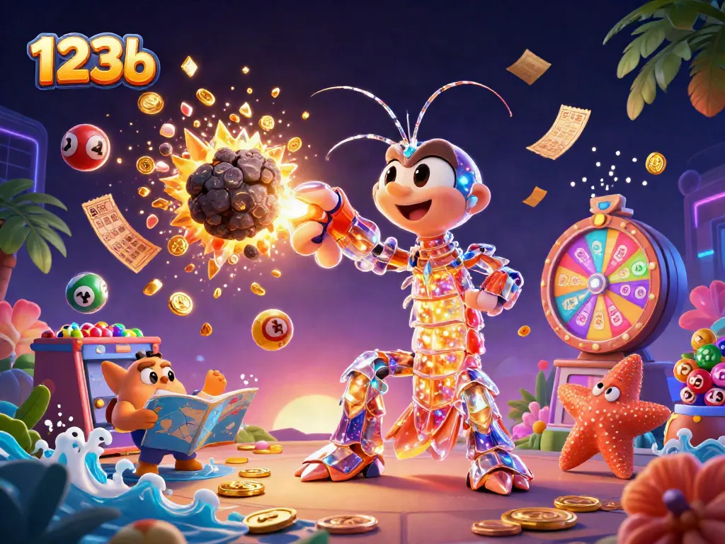 Experience thrilling games at 123b with vibrant casino elements like lottery balls and prize wheels.