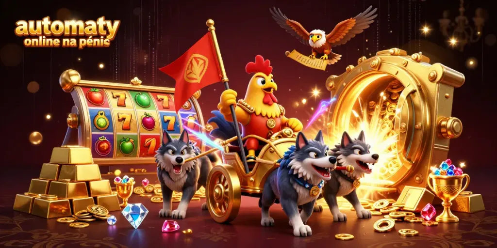 Experience automaty online na pieniądze with this vibrant, action-packed illustration of a cartoon warlord and gold symbols.