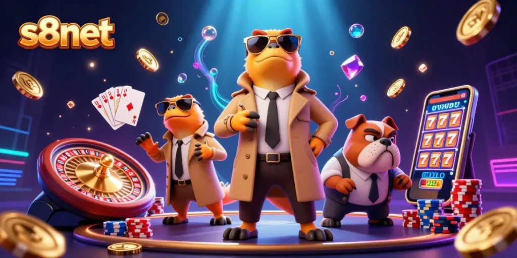 Experience the thrill at s8net with raptors trying to enter a VIP lounge in a dynamic casino scene.