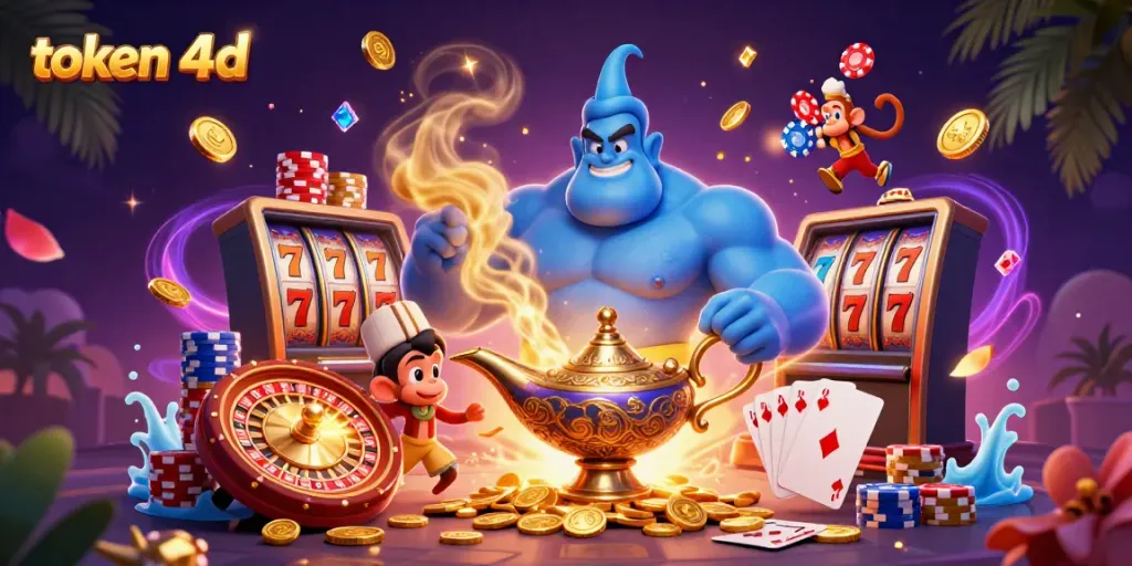 Menangkan jackpot di token 4d dengan simbol slot yang berkilau dan koin emas yang melayang.