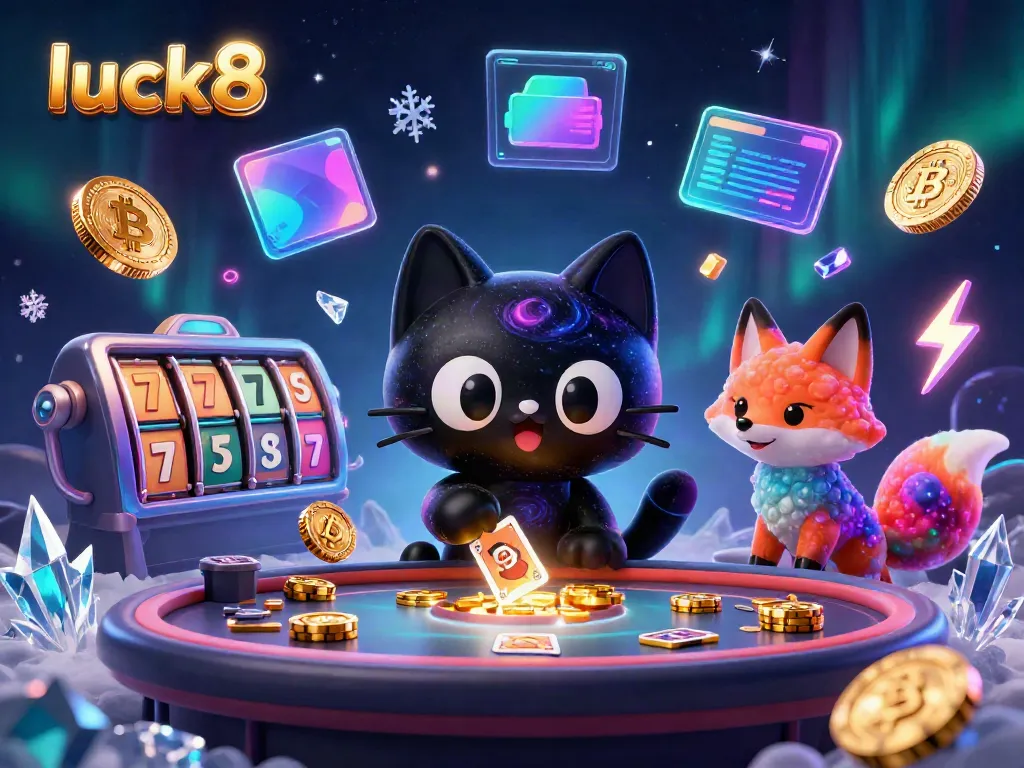Engage with luck8's casino atmosphere, featuring a black hole cat and nebula fox at a cosmic table.