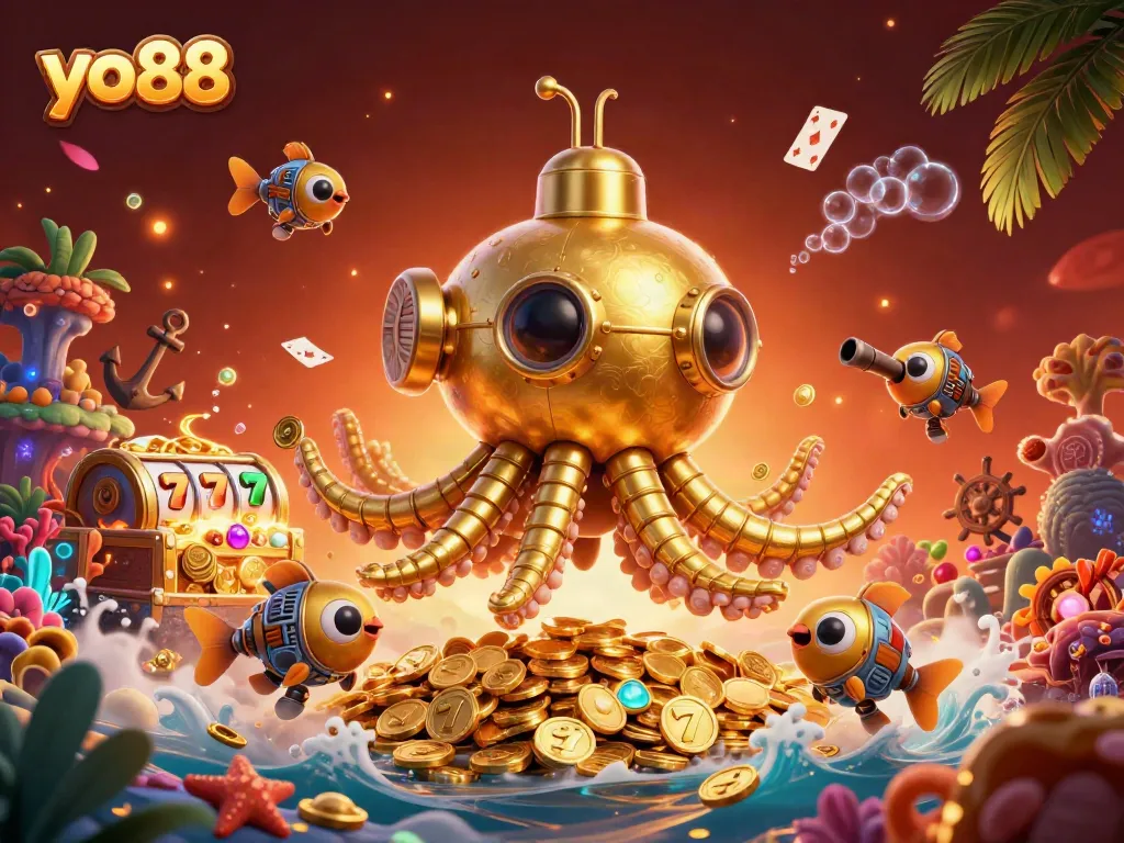 Spin winning slots at yo88, featuring a kraken submarine amidst treasure and vibrant casino elements.