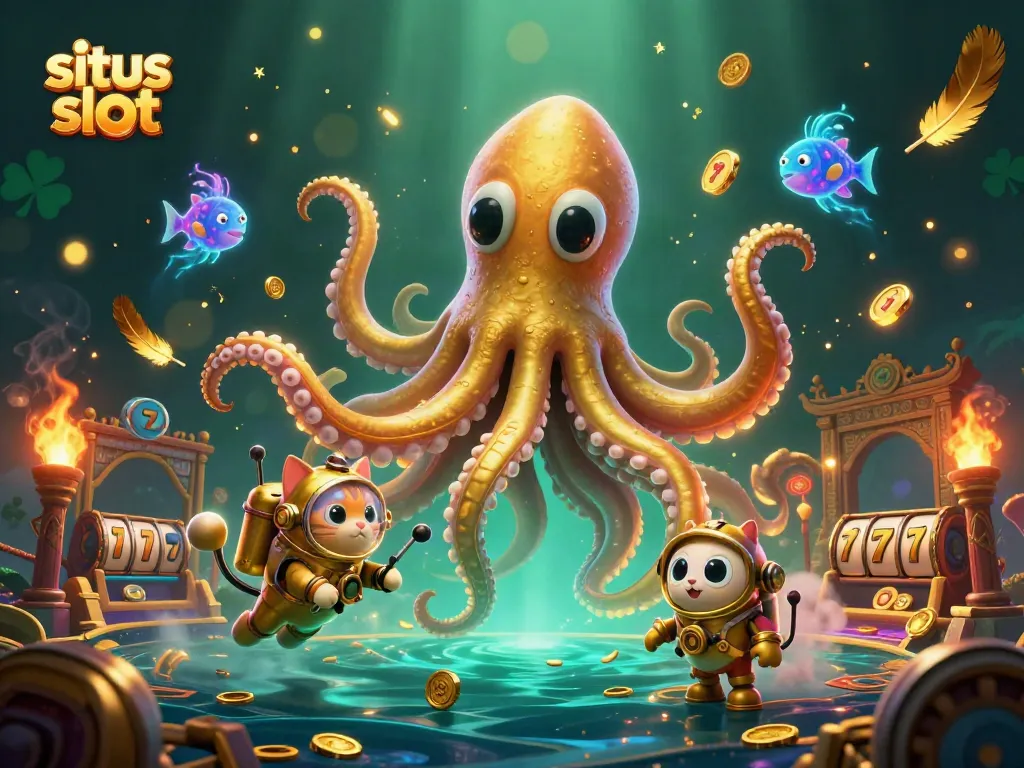 Situs slot illustration showcasing a colossal kraken and a diving cat in a vibrant casino environment