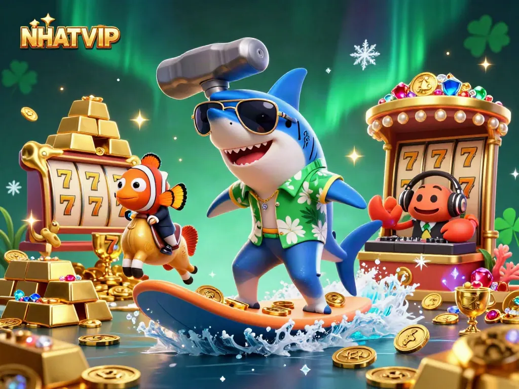 Experience thrilling gameplay with NHATVIP as a shark surfs on coins in a vibrant casino scene.