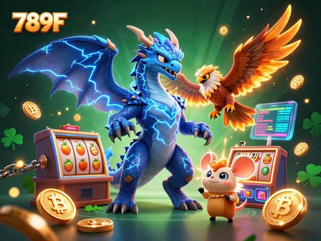 Experience thrilling action at 789F with a dynamic casino scene showcasing dragon, hawk, and gaming elements.