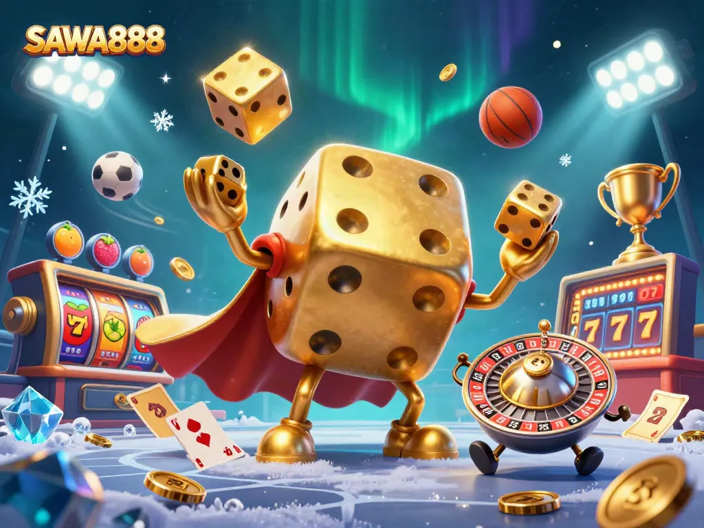 Experience thrilling games at SAWA888 with this dynamic casino action illustration showcasing golden dice and vibrant slot elements.