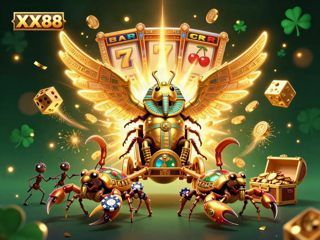 Experience the vibrant jackpot excitement at XX88 with this stunning illustration of a golden scarab and casino elements.