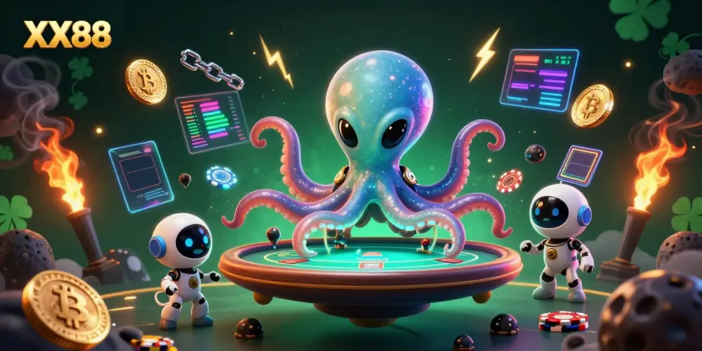 Engage with XX88's exciting alien-themed poker showdown featuring vibrant gaming elements.