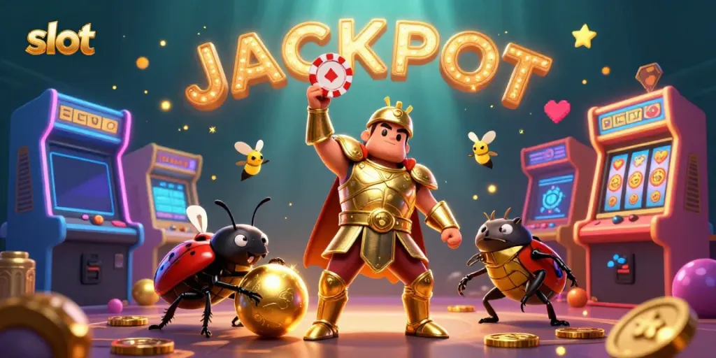 Bermain slot dengan karakter lucu dan jackpot yang bersinar, penuh warna.